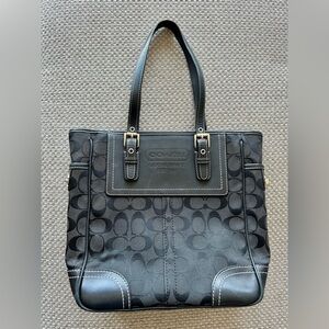 Coach Tote Medium Sized Bag in Black Signature Jacquard and Refined Leather
